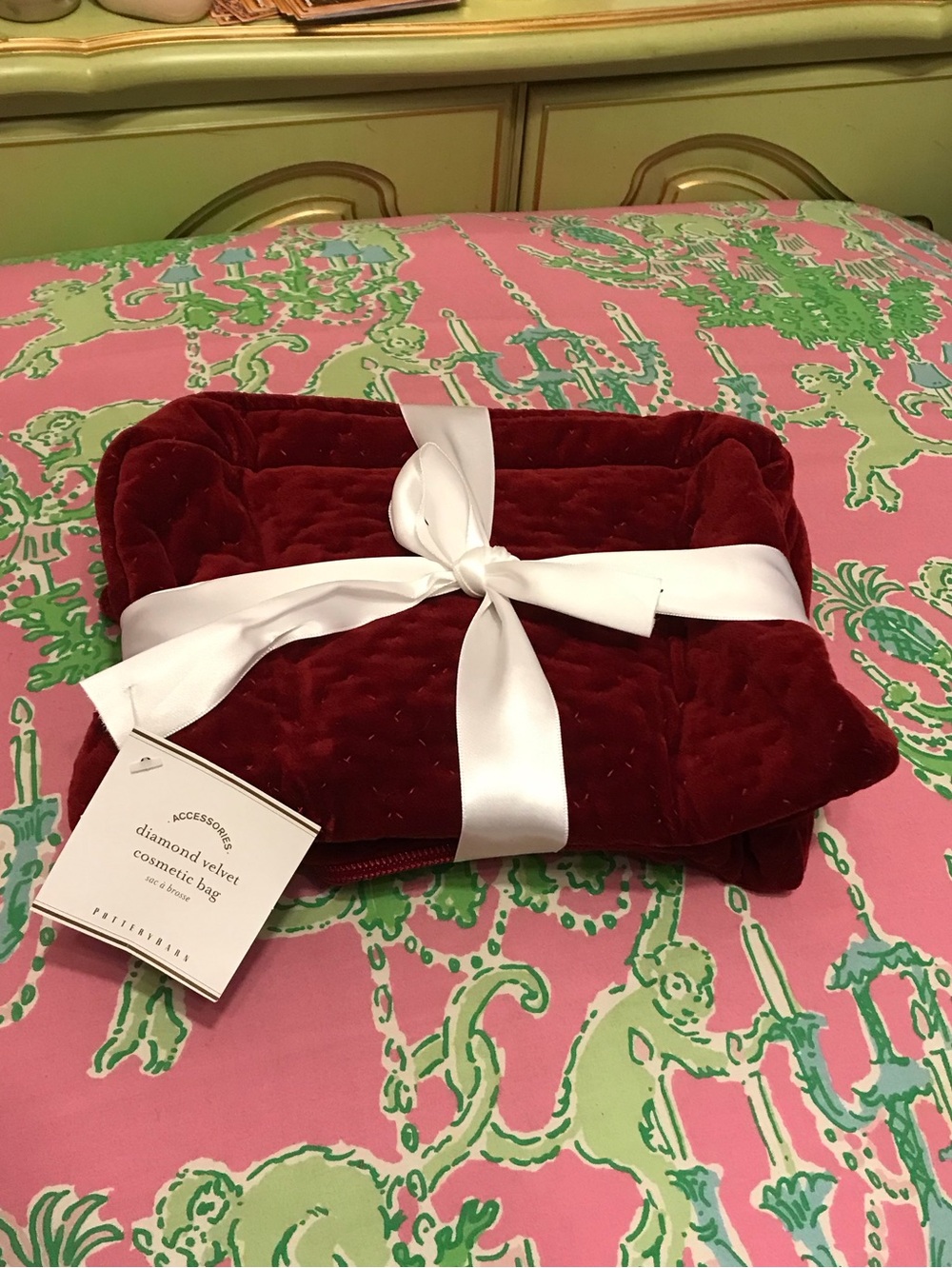 Pottery Barn Red Plush Diamond Velvet Cosmetic Bag set of 2